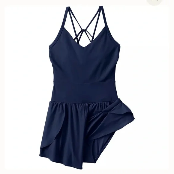 Lands end Tugless Strappy X-Back Romper Swimsuit Navy Blue - Picture 5 of 6